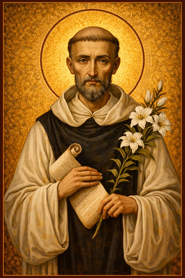 Saint Bernard of Clairvaux Byzantine icon, Cistercian mystic holding lilies in devotion and contemplative love of God
