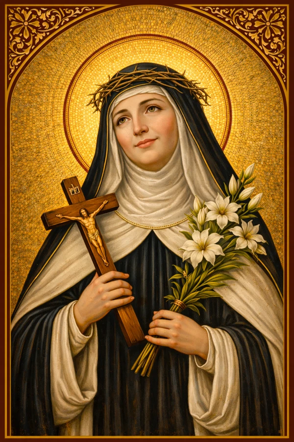 Saint Catherine of Siena Byzantine icon, Dominican mystic holding crucifix and lilies in radiant contemplative peace
