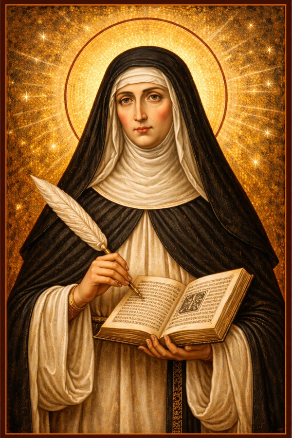 Saint Hildegard of Bingen Byzantine icon, visionary abbess receiving divine light and cosmic revelation